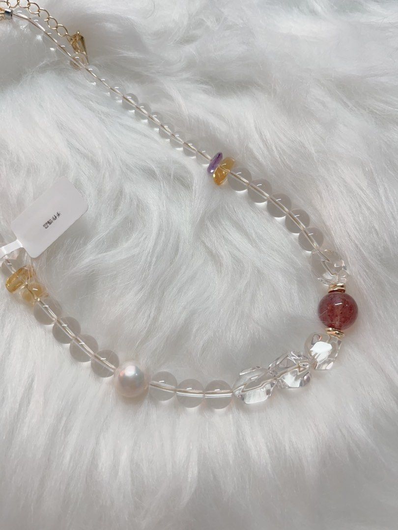 #PN281 Pearl Innocence | Freshwater Pearl Necklace | Clear Quartz Freeform, Round Beads| Big Baroque Pearl |Lustrous| Strawberry Quartz