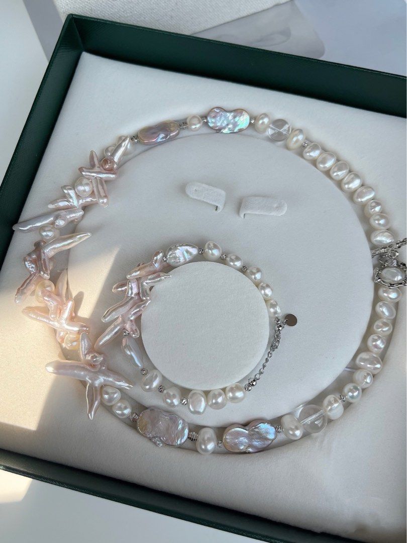 #PN68 Cross Flower | Freshwater Pearl Necklace & Bracelet Set | Bit Pinkish Cross Pearl | Lustrous Baroque Pearl | White Quartz