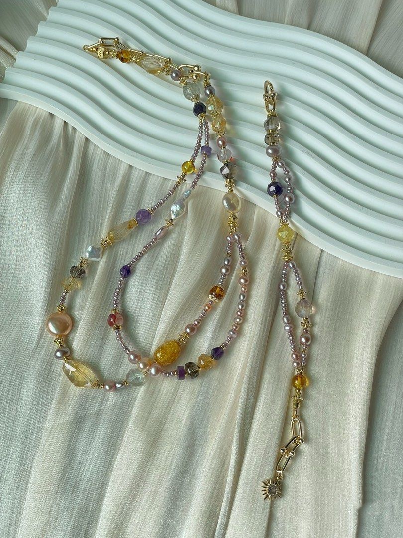 #PN01 Serene Spectrum |Freshwater Pearl Necklace & Bracelet Set |Baby Baroque |Coin Baroque |Double-layer|Beeswax|Amethyst Freeform |Citrine|Fire Quartz |Fluorite