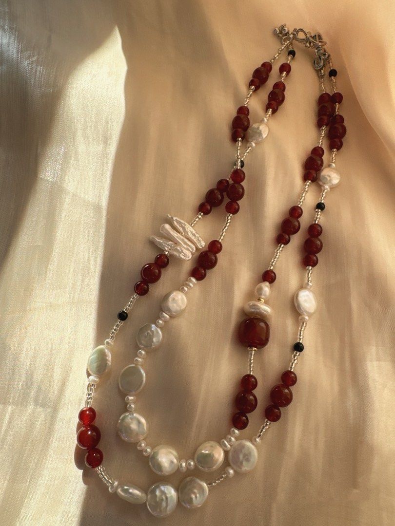 #PN247 Dark Moon|Freshwater Pearl Necklace |Double-layered|Garnet|Perfect Coin Pearls|Lustrous|Cool Silver
