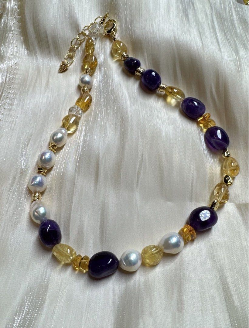 #PN12 Gorgeous Purple |Freshwater Pearl Necklace|Big Yellow Quartz |Big Purple Quartz |Deep Purple |Beeswax|Big Baroque Pearl |Irregular|Strong Presence