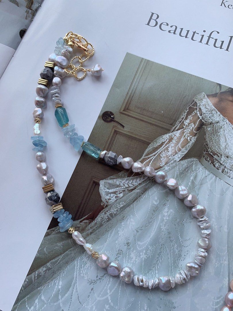 #PN113 Silver Pearl “ Stone” Necklace |Aquamarine|Stacked Pearl Petals