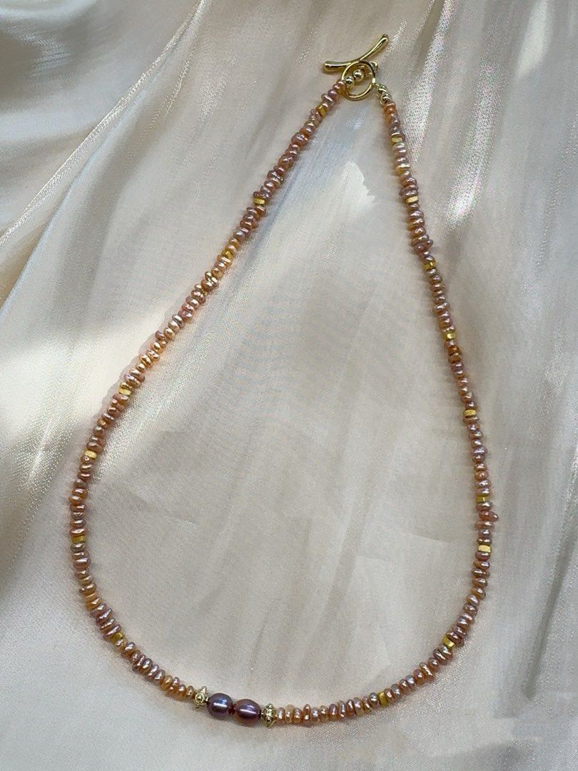 #PN268 Champagne Gold|Freshwater Pearl Necklace |Mini Baroque Pearl | Metallic Purple|Layered Pearls
