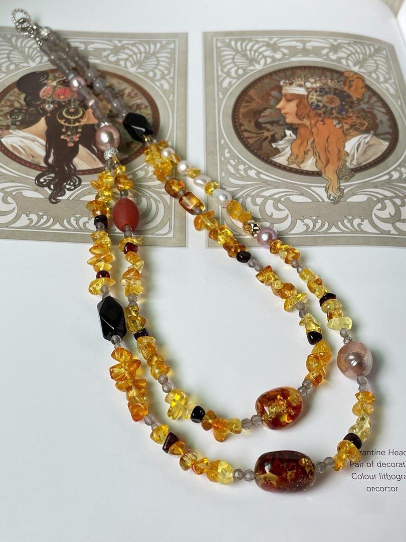 #PN301 Yellow Summer| Freshwater Pearl Necklace | Grey Agate Cubes|Double-layer|Amber Freeform |Beeswax Chip|Purple Baroque Pearl