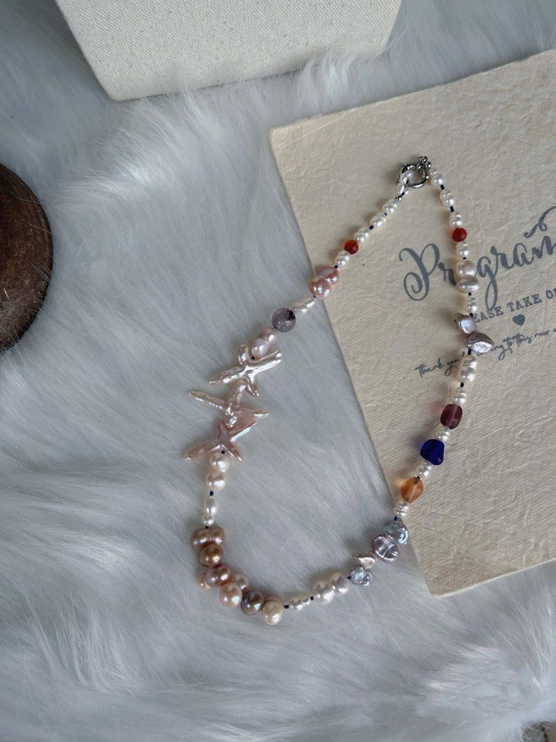 #PN431 Pink & Blue|Freshwater Pearl Necklace |Cross Shaped Pearl|Gourd Shaped Pearl |Mixed Sizes|Bronze Colour