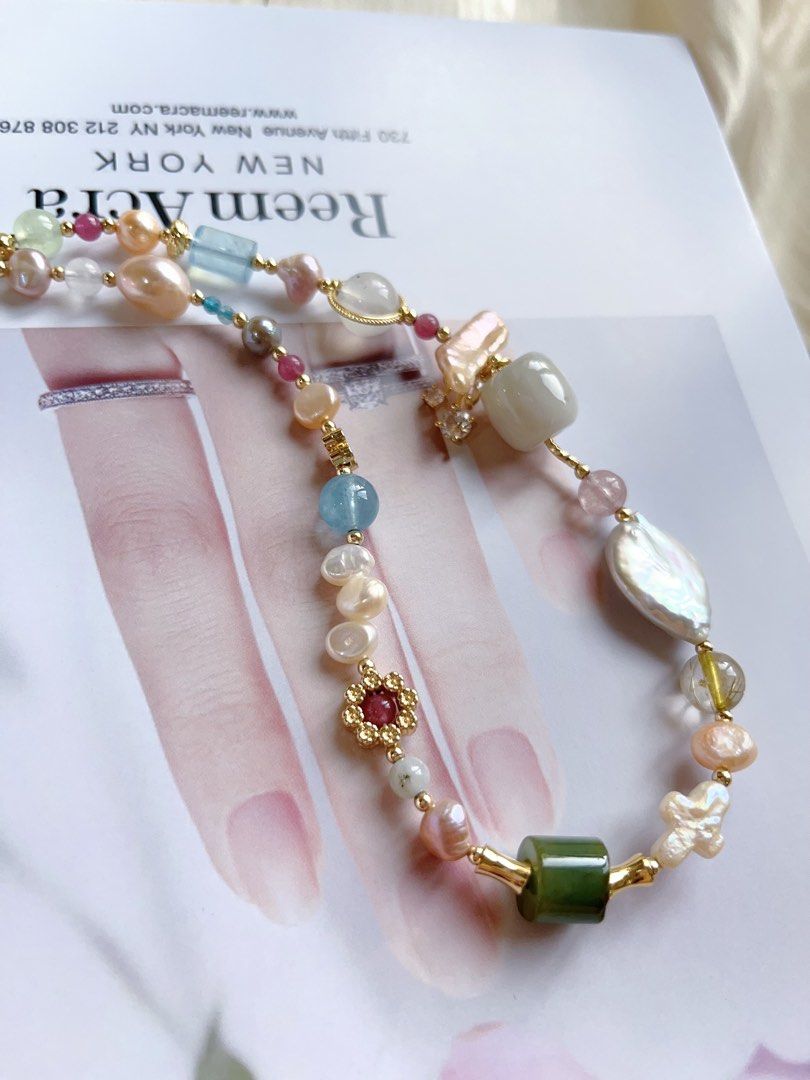 #PN403 “Rose Garden” Natural Freshwater Pearl Necklace |Natural Stones|Moonstone|Jade|Aquamarine|Tourmaline|Agate|Baroque Pearl |Mixed Shape