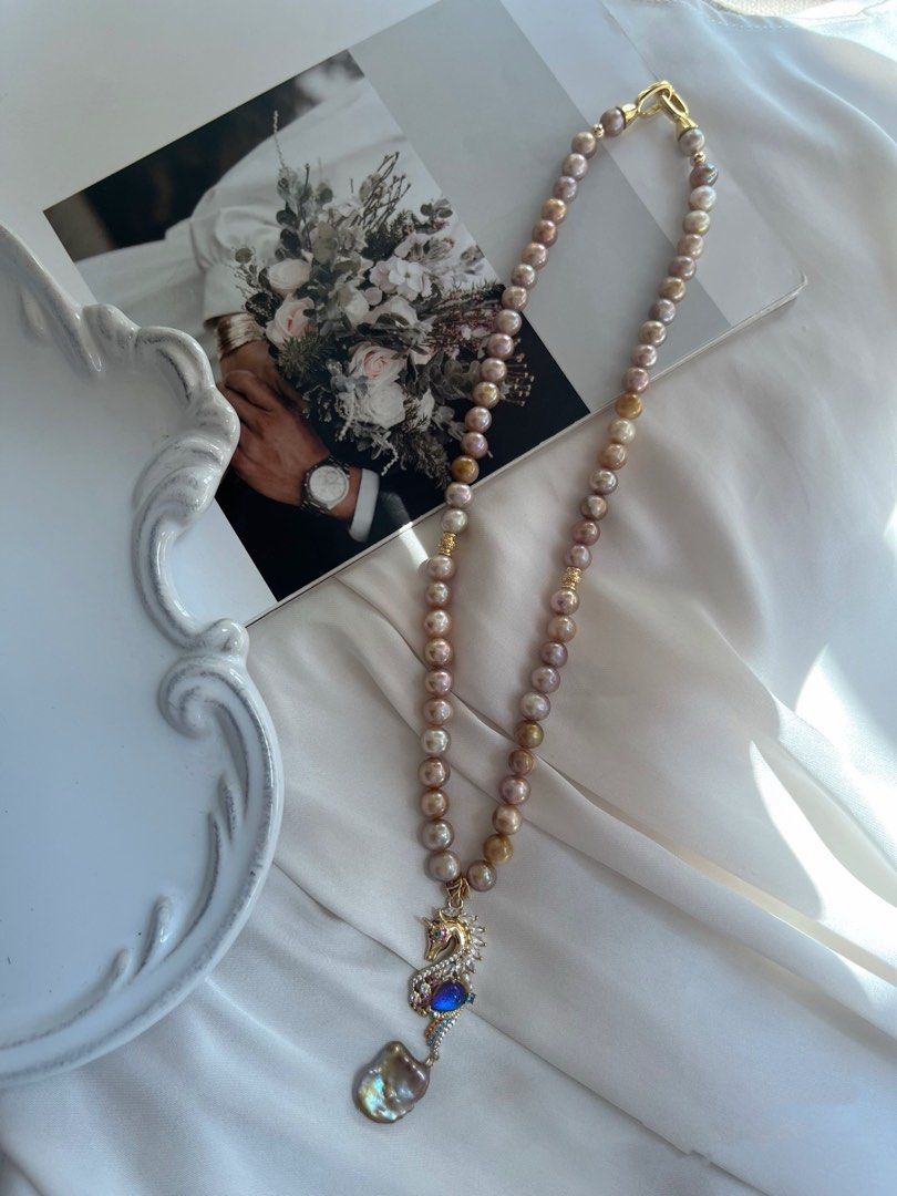 #PN264 Golden Wonder|Freshwater Pearl Necklace |Vintage|Natural Metallic Colour |Seahorse Pendant