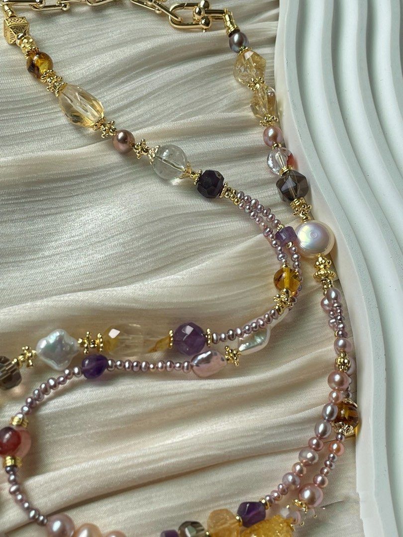 #PN01 Serene Spectrum |Freshwater Pearl Necklace & Bracelet Set |Baby Baroque |Coin Baroque |Double-layer|Beeswax|Amethyst Freeform |Citrine|Fire Quartz |Fluorite
