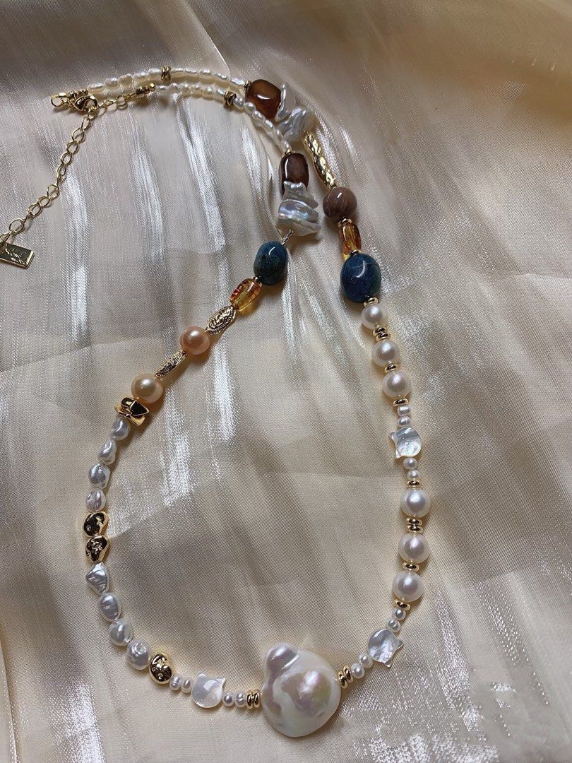 #PN204 Autumn Garden |Freshwater Pearl Necklace & Bracelet Set|Baby Baroque Pearl |Big Petal Baroque Pearl |Tea Quartz |Natural Stones |Cat Head Shell