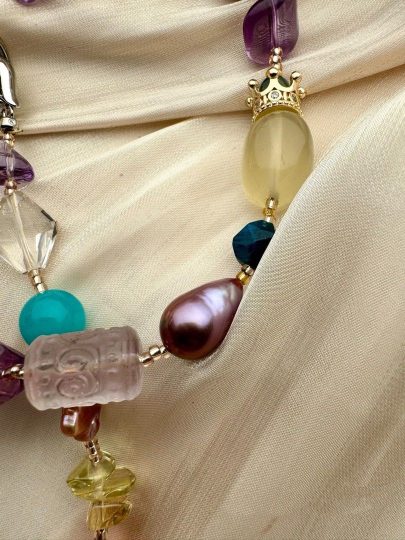#PN300 Multi-Gems| Freshwater Pearl Necklace | Big Baroque Pearl | Amber Freeform | Fluorite Barrel | Amethyst, Citrine Freeform | Clear Quartz | Fire Quartz