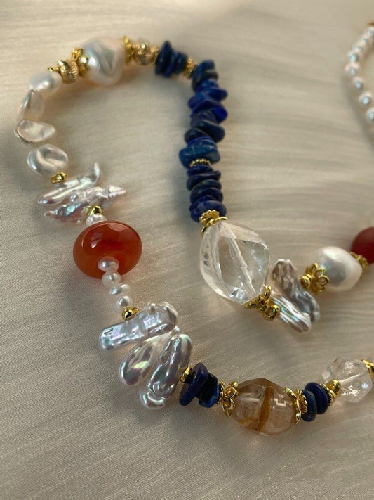 #PN05 Rustic Radiance | Freshwater Pearl Necklace | Lapis Lazuli Chips| Clear Quartz Freeform| Red Agate Ring| Lute Baroque Pearl | Fire Quartz Barrel