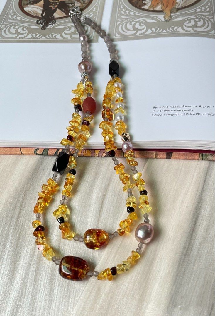 #PN301 Yellow Summer| Freshwater Pearl Necklace | Grey Agate Cubes|Double-layer|Amber Freeform |Beeswax Chip|Purple Baroque Pearl