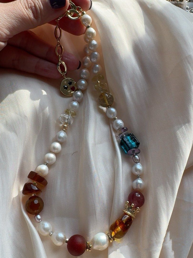 #PN423 Summer Break|Freshwater Pearl Necklace |Baroque Pearl|Amber|Strawberry Quartz |Beeswax|Yellow Quartz