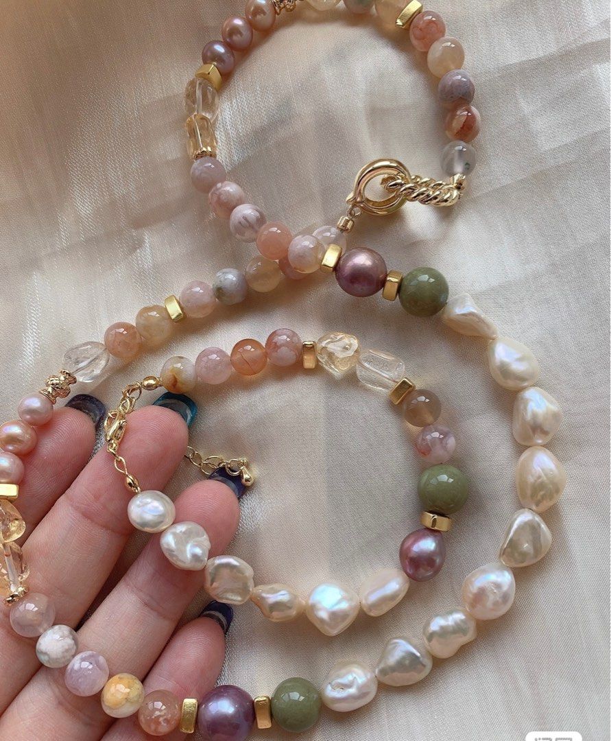 #PN219 Baroque Pearl & Natural Stone Necklace & Bracelet Set |Rose Quartz |Flower Agate|Citrine