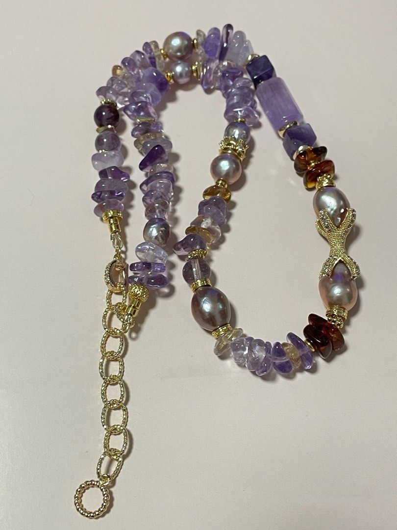 #PN304 Pearl & Stone Serenity | Freshwater Pearl Necklace | Amethyst Stack, Barrel | Amber Stack | Edison Pearl