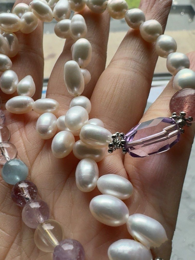 #PN425 Fresh Breeze|Freshwater Pearl Necklace |Wheat Ear Design|Baroque Pearl |Purple Quartz |Strawberry Quartz