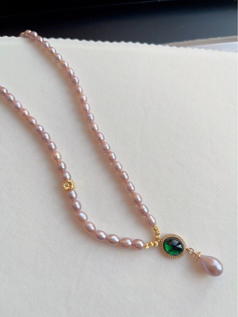 #PN126 Freshwater Pearl Necklace |Purple Pearls|Metallic Lustre| Green Nano Pendant |Peach Blossom Charm