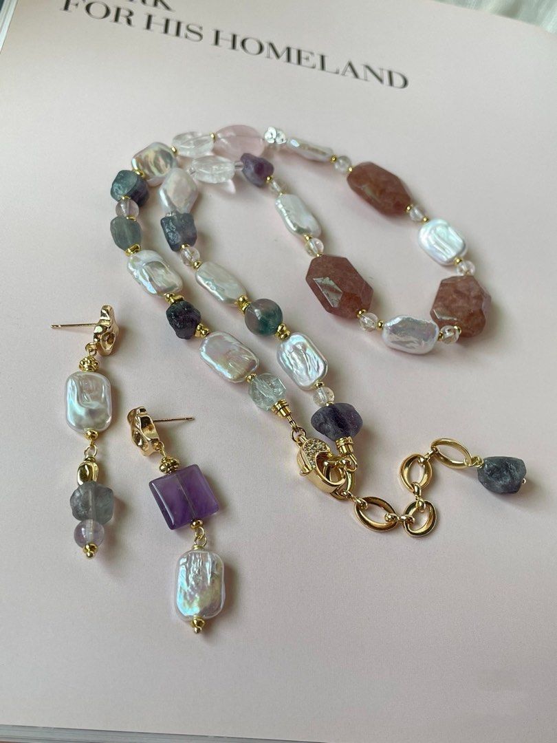 #PN52 Red Tenderness | Freshwater Pearl Necklace & Earrings Set | Strawberry Quartz Rectangle | Pearl Square |Fluorite Freeform