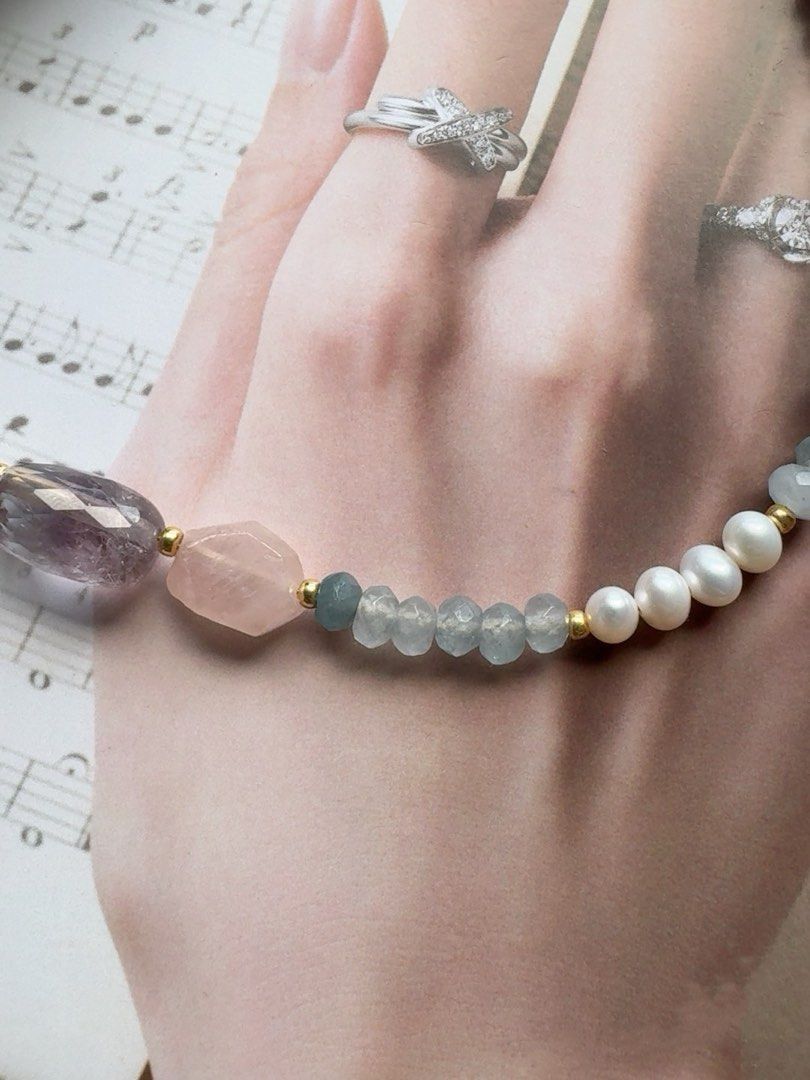 #PN413 Grey Sky|Freshwater Pearl Necklace |Small Waterdrop Pearl|Rose Quartz | Amazonite |Citrine |Grey-blue Aquamarine
