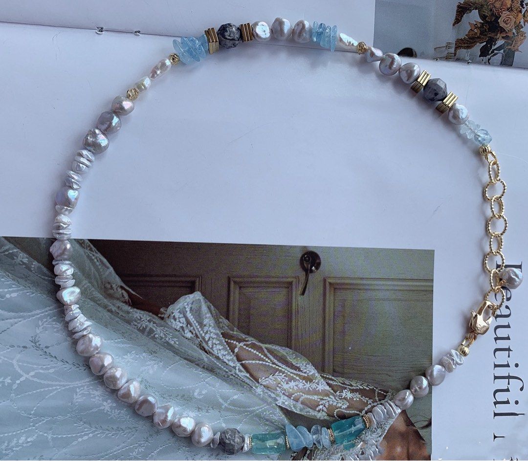 #PN113 Silver Pearl “ Stone” Necklace |Aquamarine|Stacked Pearl Petals