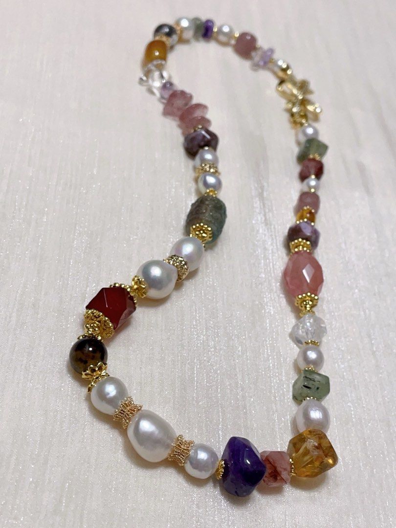 #PN22 Graceful Gems| Freshwater Pearl Necklace | Carved Fluorite Barrel | Faceted Garnet| Amethyst Freeform | Fire Quartz Faceted | Strawberry Quartz Chip| Agate| Baroque Pearl