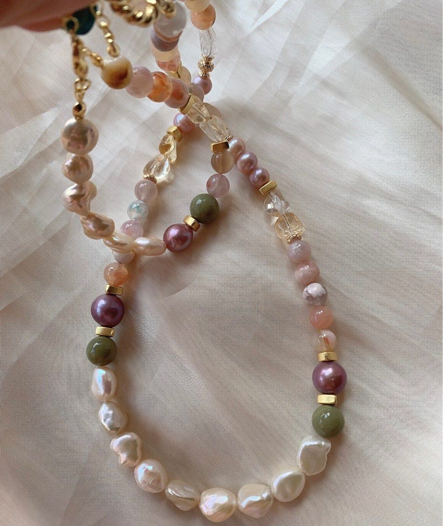 #PN219 Baroque Pearl & Natural Stone Necklace & Bracelet Set |Rose Quartz |Flower Agate|Citrine