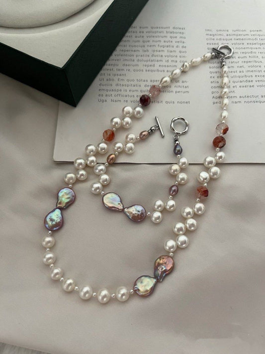 #PN248 Purple Bow Tie|Freshwater Pearl Necklace & Bracelet Set| Water-drop Shaped Pearl | Wheat-ear Bun Pearl | Fire Quartz