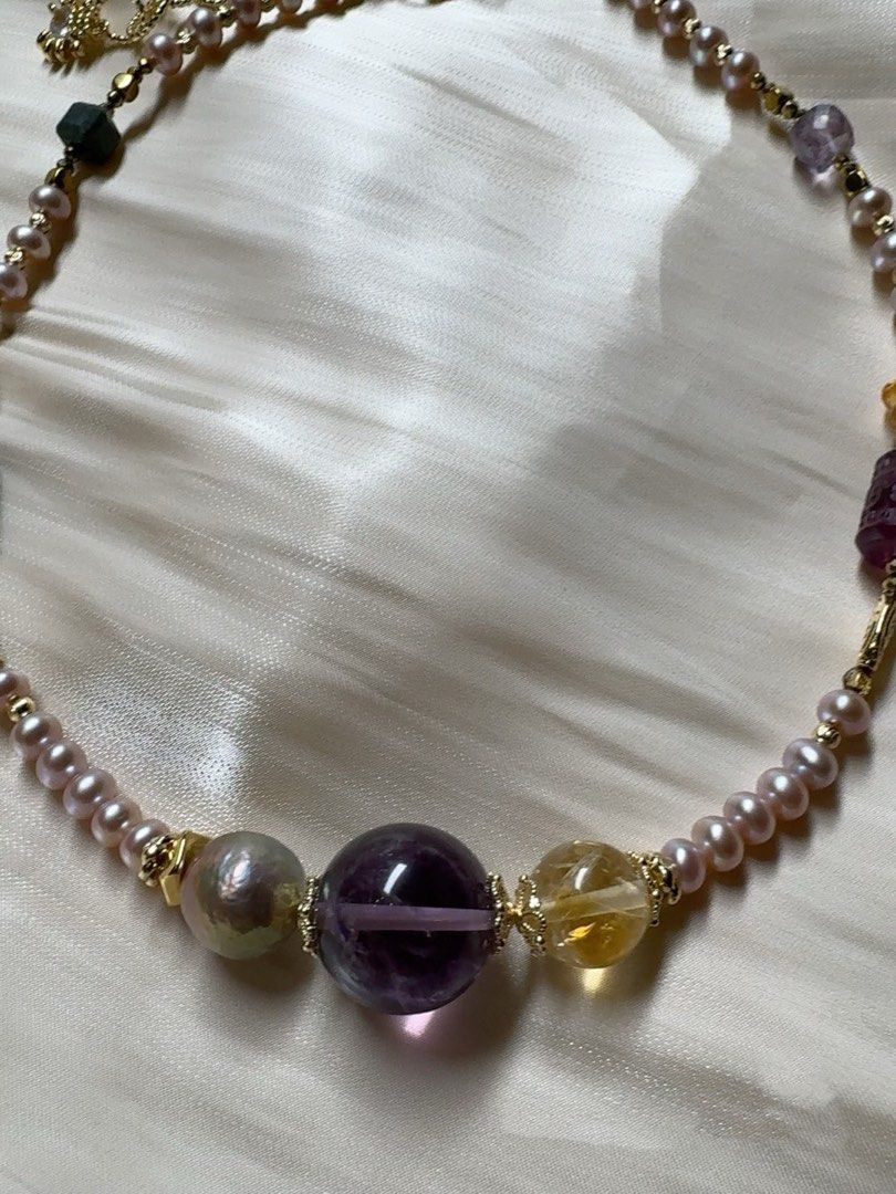#PN437 Purple Dream|Freshwater Pearl Necklace |Fluorite|Purple Quartz |Wrinkled Baroque Pearl |Natural Flaws|Yellow, White Quartz
