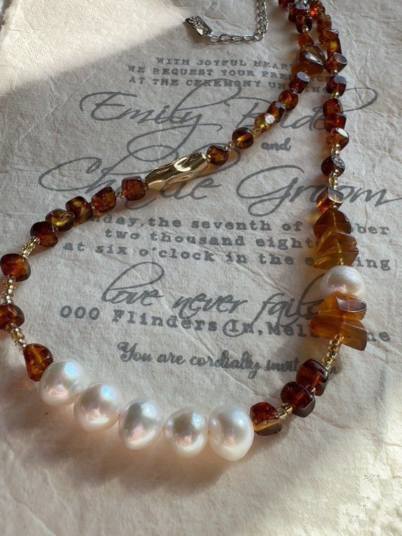 #PN271 Amber Cubes| Freshwater Pearl Necklace | Wrinkled Baroque Pearl |Light Weight