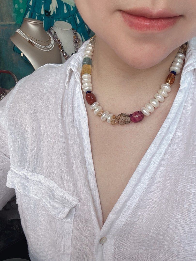 #PN412 Exotic Princess | Freshwater Pearl Necklace | Fluorite|Yellow Quartz | Big Coin Pearl| Purple Quartz | Nanhong Agate|Black Golden Super Seven Quartz |Beeswax