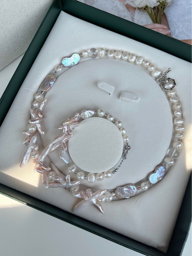 #PN68 Cross Flower | Freshwater Pearl Necklace & Bracelet Set | Bit Pinkish Cross Pearl | Lustrous Baroque Pearl | White Quartz