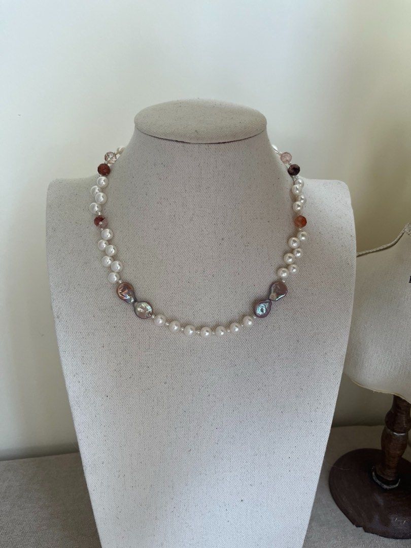 #PN248 Purple Bow Tie|Freshwater Pearl Necklace & Bracelet Set| Water-drop Shaped Pearl | Wheat-ear Bun Pearl | Fire Quartz