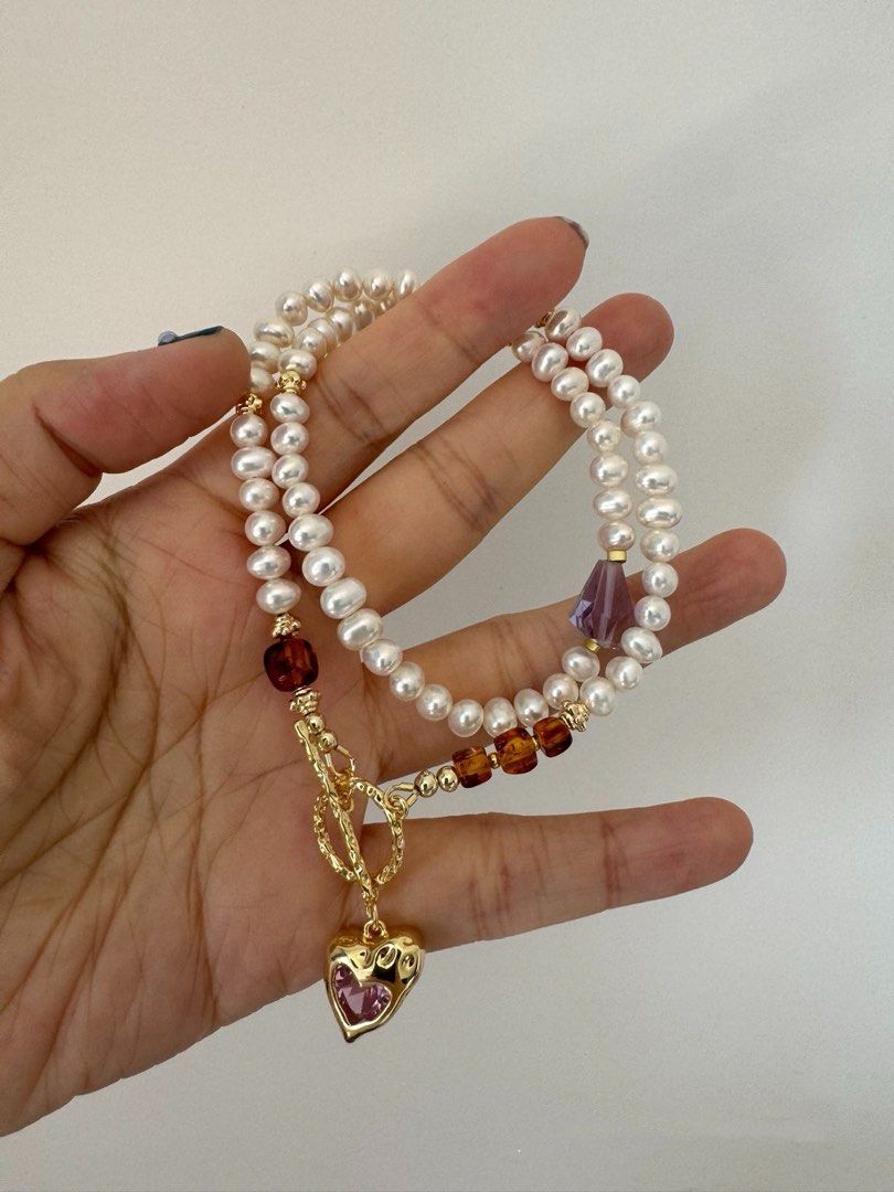 #PN440 Pink Heart|Freshwater Pearl Necklace |Amber|Clear Amethyst | Multi Wear|Lustrous