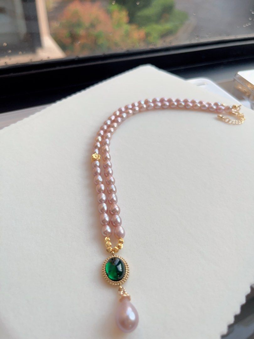 #PN126 Freshwater Pearl Necklace |Purple Pearls|Metallic Lustre| Green Nano Pendant |Peach Blossom Charm