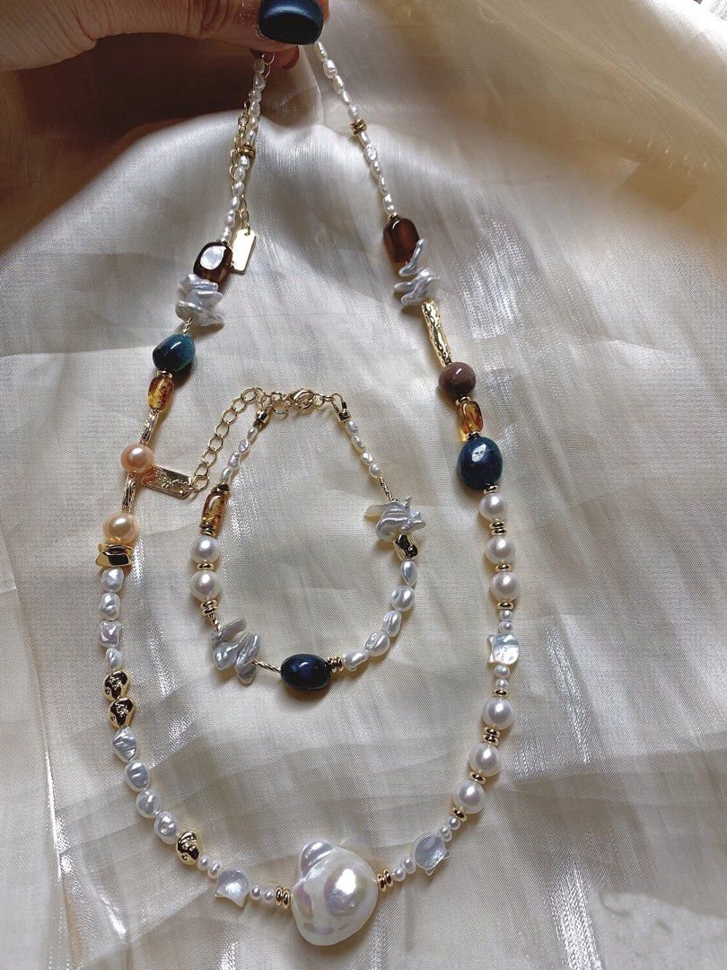 #PN204 Autumn Garden |Freshwater Pearl Necklace & Bracelet Set|Baby Baroque Pearl |Big Petal Baroque Pearl |Tea Quartz |Natural Stones |Cat Head Shell