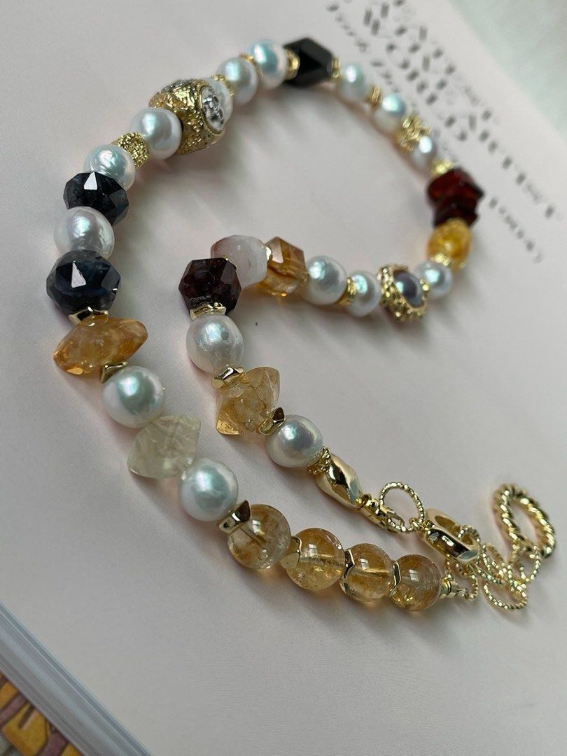 #PN357 Earthly Essence |Freshwater Pearl Necklace |Beeswax|Citrine Free Form|Amber |Iolite Faceted|Agate|Baroque Pearl