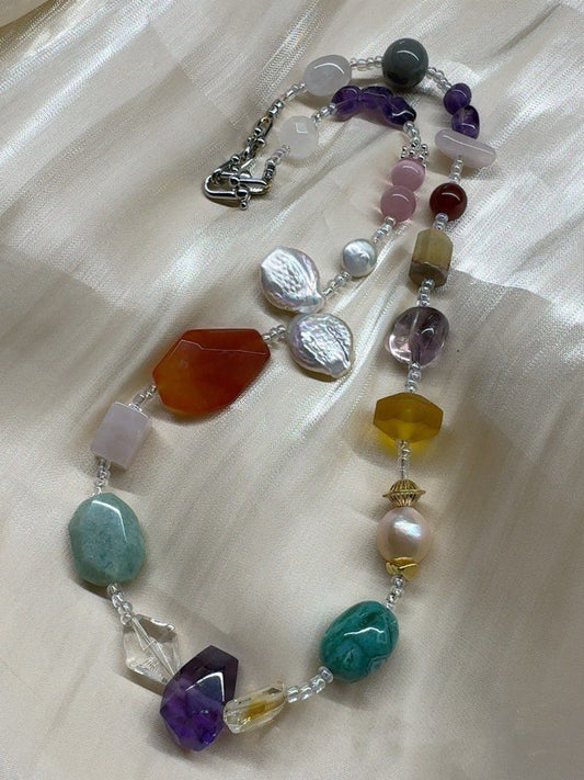 #PN16 Dreamy Connection | Freshwater Pearl Necklace | Big Faceted Agate| Amethyst Freeform |Big Petal Pearl |Rose Quartz Square |Garnet|Clear Quartz Faceted