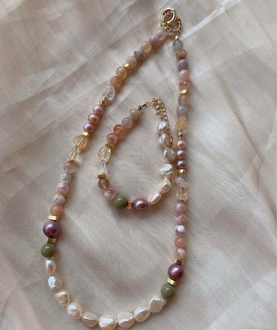 #PN219 Baroque Pearl & Natural Stone Necklace & Bracelet Set |Rose Quartz |Flower Agate|Citrine