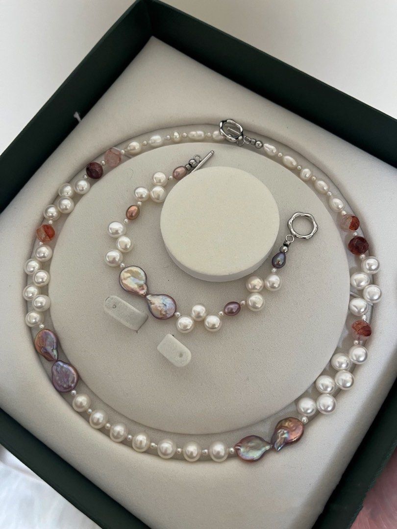 #PN248 Purple Bow Tie|Freshwater Pearl Necklace & Bracelet Set| Water-drop Shaped Pearl | Wheat-ear Bun Pearl | Fire Quartz