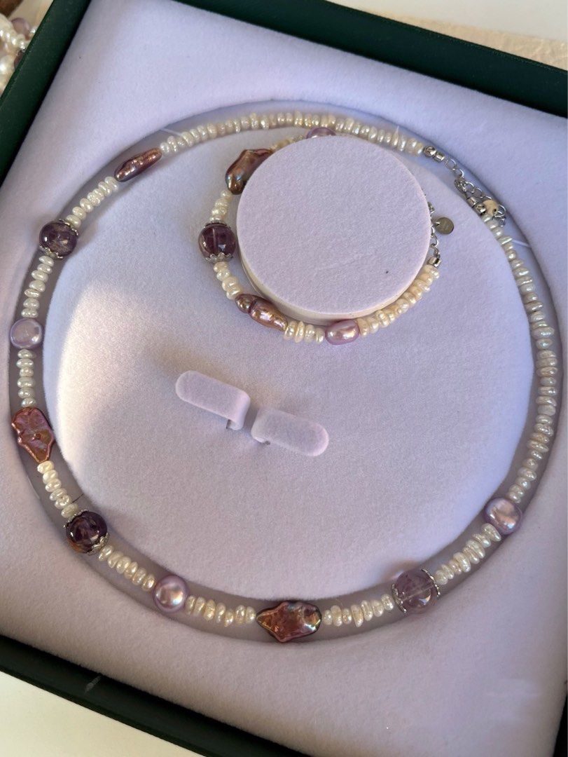#PN235 Cool Down| Freshwater Pearl Necklace & Bracelet Set |Natural Purple Quartz |Tiny Baroque Pearl