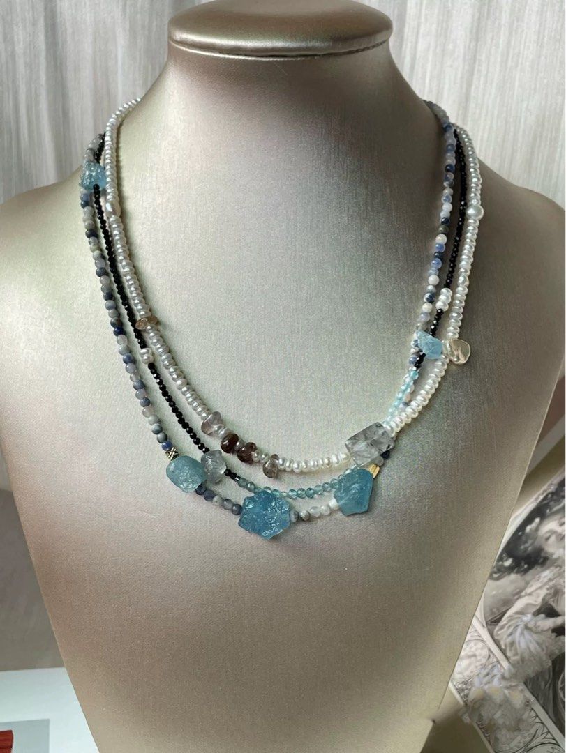 #PN34 Charmed Combinations |Freshwater Pearl Necklace |Multi-layer|Aquamarine |Black Spinel|Sodalite|Elegant