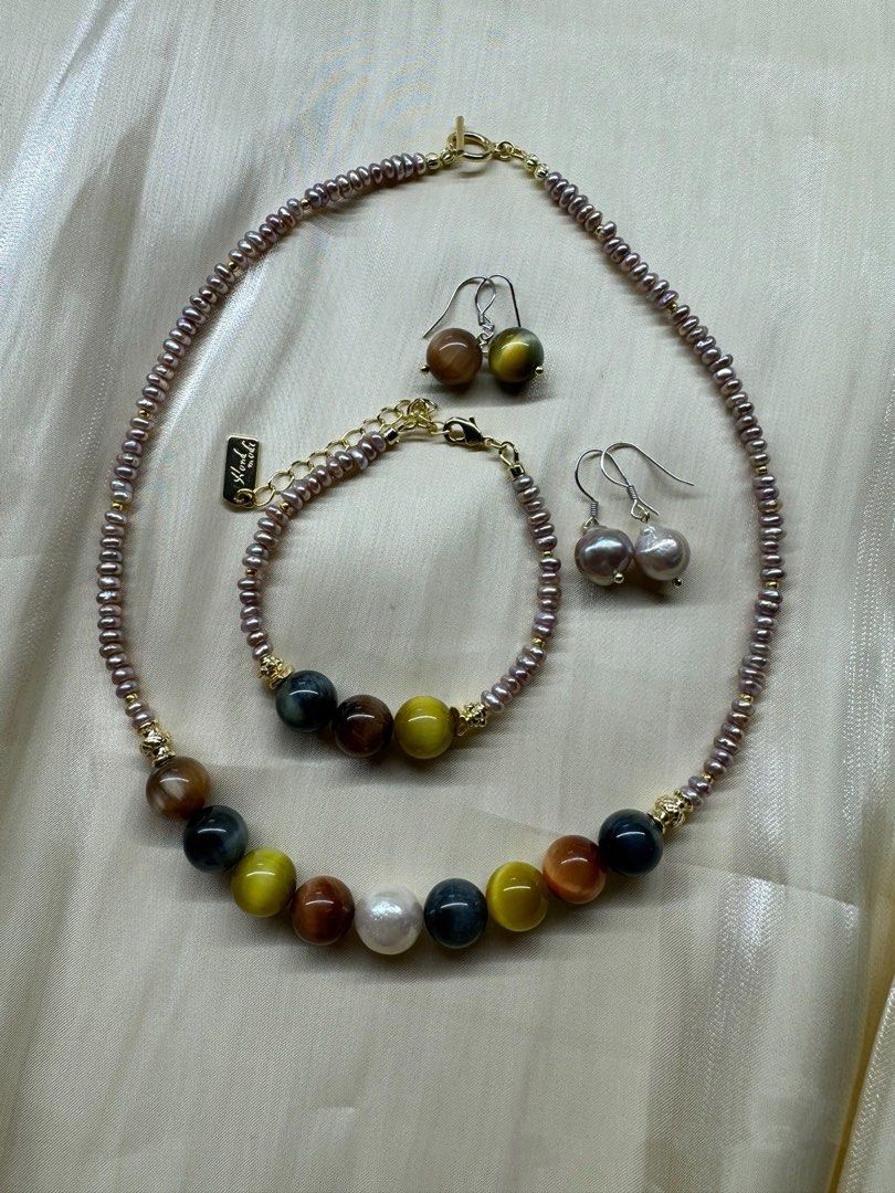 #PN23 Mysterious Eyes|Freshwater Pearl Necklace & Bracelet & Earrings Set|Tiger’s Eye Stone|Baby Baroque Pearl |Lustrous