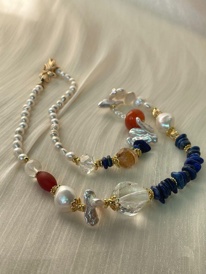 #PN05 Rustic Radiance | Freshwater Pearl Necklace | Lapis Lazuli Chips| Clear Quartz Freeform| Red Agate Ring| Lute Baroque Pearl | Fire Quartz Barrel