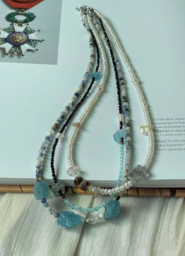 #PN34 Charmed Combinations |Freshwater Pearl Necklace |Multi-layer|Aquamarine |Black Spinel|Sodalite|Elegant