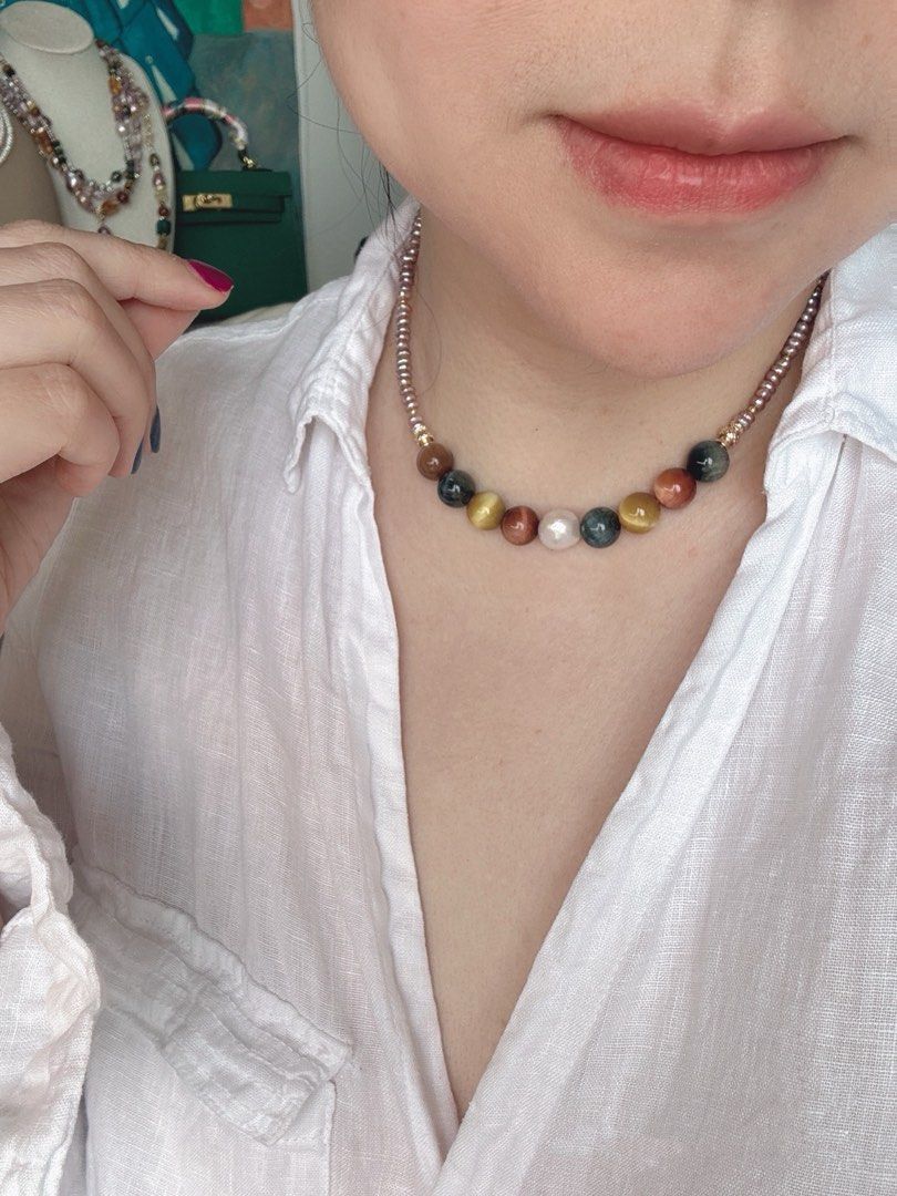 #PN23 Mysterious Eyes|Freshwater Pearl Necklace & Bracelet & Earrings Set|Tiger’s Eye Stone|Baby Baroque Pearl |Lustrous