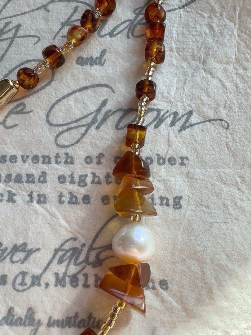 #PN271 Amber Cubes| Freshwater Pearl Necklace | Wrinkled Baroque Pearl |Light Weight