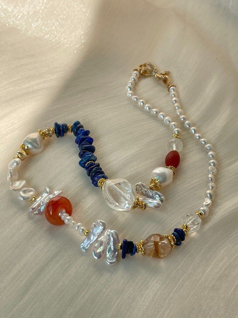 #PN05 Rustic Radiance | Freshwater Pearl Necklace | Lapis Lazuli Chips| Clear Quartz Freeform| Red Agate Ring| Lute Baroque Pearl | Fire Quartz Barrel
