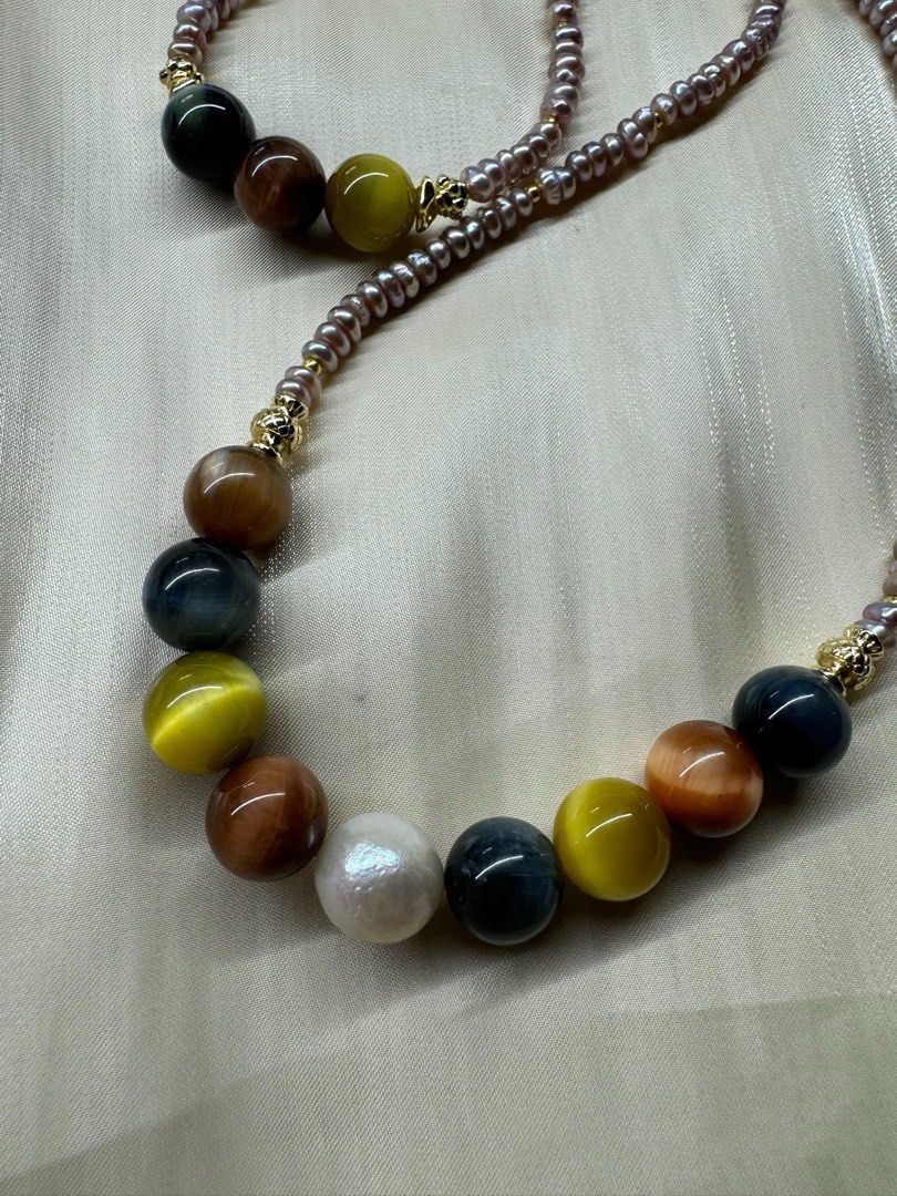 #PN23 Mysterious Eyes|Freshwater Pearl Necklace & Bracelet & Earrings Set|Tiger’s Eye Stone|Baby Baroque Pearl |Lustrous