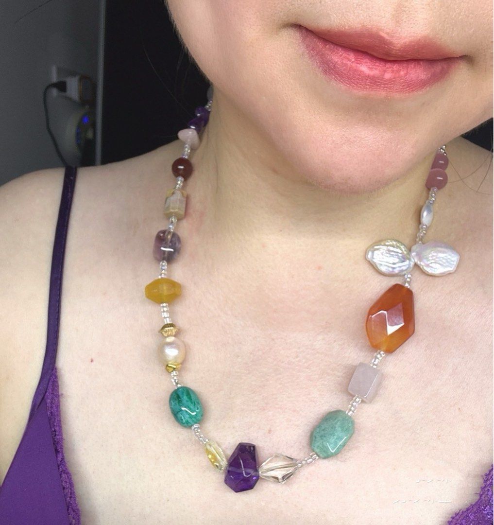 #PN16 Dreamy Connection | Freshwater Pearl Necklace | Big Faceted Agate| Amethyst Freeform |Big Petal Pearl |Rose Quartz Square |Garnet|Clear Quartz Faceted
