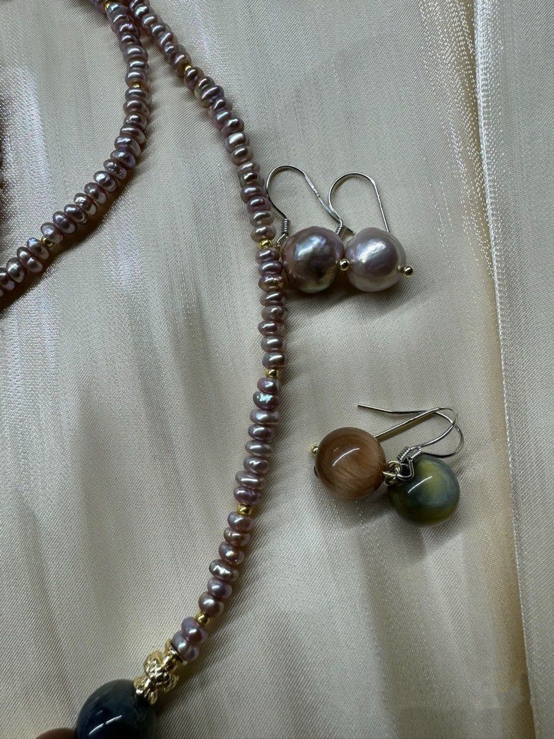 #PN23 Mysterious Eyes|Freshwater Pearl Necklace & Bracelet & Earrings Set|Tiger’s Eye Stone|Baby Baroque Pearl |Lustrous